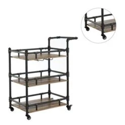 Industrial Style Serving Cart In Antique Black - Antique Black, Oak - Wood -Elegance Barware 878048ad d119 4a00 a981 a3a3c428595f