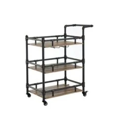 Industrial Style Serving Cart In Antique Black - Antique Black, Oak - Wood