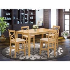 East West Furniture Solid Wood 5-piece Counter-height Dining Table Pub Set - A Table And Chairs (Seat's Type Options) - CAPB5H-OAK-W -Elegance Barware 8f5ba2e7 108b 47aa 9030 cb73f8953832