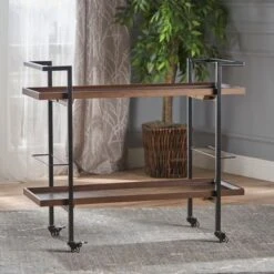 Gerard Modern Industrial 2-Tier Wood Bar Cart With Wheels By Christopher Knight Home - 38.00" W X 16.10" D X 33.00" H - Walnut