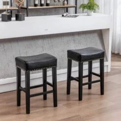 Wooden Height 26" Backless Faux Leather Stools,Set Of 2 - Black