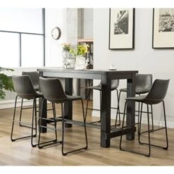 Roundhill Furniture Lotusville 7-PC Antique Black Wood Table With Faux Leather Barstools - White -Elegance Barware 92efaa83 55ad 4a04 b018 1f9a95f29135