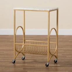 Baxton Studio Jacek Modern And Contemporary Gold Metal Wine Cart With Marble Top - White, Gold -Elegance Barware 960fa287 a772 4a64 be60 277ed4f695b8