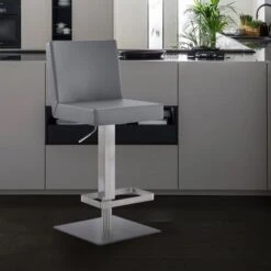 Strick & Bolton Callcott Contemporary Faux Leather And Metal Swivel Bar Stool - Grey And Brushed Stainless Steel