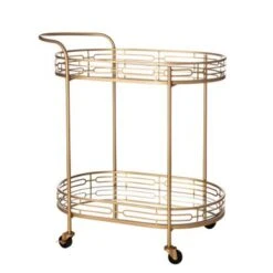 Glitzhome Metallic Gold 2-Tier Serving Bar Cart With Mirrored Glass - 30.7"H-Oval