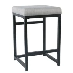 Open Back Metal Counter Stool With Fabric Upholstered Padded Seat, Gray And Black