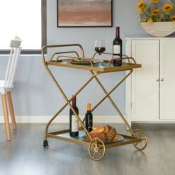 Vintiquewise Gold Metal Wine Bar Serving Cart With Rolling Wheels And Handles For Dining, Living Room Or Entryway - Gold -Elegance Barware 9fb656d3 ca73 43fb 91c8 f5c4543220d2