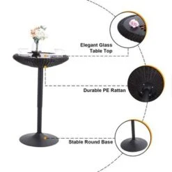 PHI VILLA Adjustable Rattan Pub Bar Table, Round Glass Table Top 29"-39" - Black -Elegance Barware a0202e7b 06d7 49c1 bed0 1bf60426801e