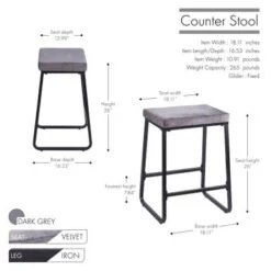 Porthos Home Saga Counter Stools Set Of 2, Velvet Upholstery, Iron Legs - Grey -Elegance Barware a1304f32 7f84 4133 b722 91fed6b54596