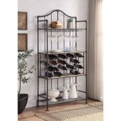 Metal Frame Wine Shelf In Oak And Sandy Black Finish - Oak/Sandy Black -Elegance Barware a3392806 a5bd 4c4b a735 2e4137129bd4