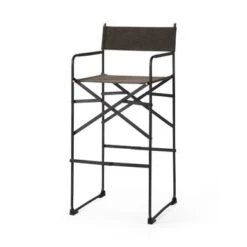 Direttore Black Genuine Leather W/Black Iron Frame Folding Counter Height Chair - Single - Dark Brown - Bar Height - 29-32 In.