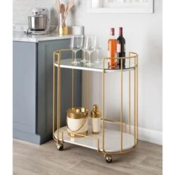 Silver Orchid Pugo Glam Bar Cart With Wheels - Metal/Glass - White/Gold