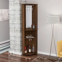 Boahaus Glasgow Corner Bar, Glass Door, Back Mirror, Cup Holder, 02 Shelves - Brown - MDF/Laminate