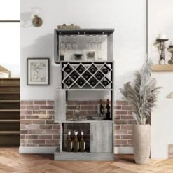 DH BASIC Contemporary Dual-Side Access Lattice 11-Bottle Wine Rack And Cabinet By Denhour - Vintage Grey Oak -Elegance Barware aefc0621 06dc 42de 82d7 c158ef41c43a
