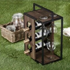 Aberdour Rustic Oak Metal 3-bottle Wine Rack By Carson Carrington - Reclaimed Oak -Elegance Barware b13e2478 75c3 4198 b18e 4f93702d88ef