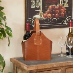 Leather 2 Bottle Wine Holder With Carrying Handle - Dark Blue - 5.65 X 10.25 X 13.30 -Elegance Barware b72ac793 7a62 448e 8efb 075e2587fdc0
