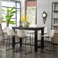 Roundhill Furniture Lotusville 7-PC Antique Black Wood Table With Faux Leather Barstools - Grey -Elegance Barware b916529d 7b1d 4751 a065 6e0a57ba6b5b