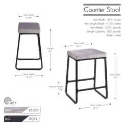 Porthos Home Saga Counter Stools Set Of 2, Velvet Upholstery, Iron Legs - Grey -Elegance Barware b98d4c11 d2e4 4284 9758 5f8842c116f2