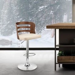 Khalia Adjustable Swivel Faux Leather And Wood Bar Stool With Metal Base - Grey And Black -Elegance Barware c1561a3d 40c6 4b68 b39d c1e81e1166e0