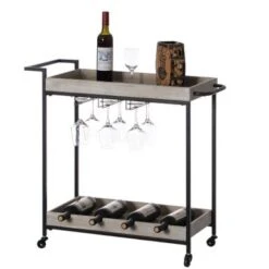 Vintiquewise Metal Wine Bar Serving Cart With Rolling Wheels, Wine Rack, And Glass Holder - Black