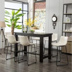 Roundhill Furniture Lotusville 7-PC Antique Black Wood Table With Faux Leather Barstools - White