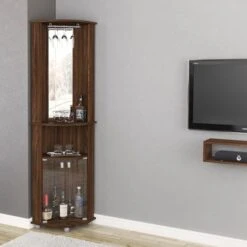Boahaus Glasgow Corner Bar, Glass Door, Back Mirror, Cup Holder, 02 Shelves - Brown - MDF/Laminate -Elegance Barware cd0cc1ee 3168 42c5 820b aa8b696e837b