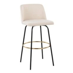 Silver Orchid Vallberga 30" Fixed-Height Bar Stool With Metal Base & Round Gold Footrest (Set Of 2) - Cream Noise Fabric/Black Metal Base