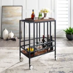Ronald Serving Bar Cart, Removable Tray/ Wine Bottle Storage/ Casters - N/A - Gold/ Walnut -Elegance Barware cf4eb379 63a0 4499 8374 d2e200d08cd3