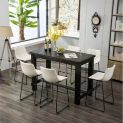 Roundhill Furniture Lotusville 7-PC Antique Black Wood Table With Faux Leather Barstools - White -Elegance Barware d2796e37 0024 4c5c a077 99101ffa34a3