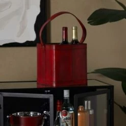 Leather Modern Wine Holder - 9 X 9 X 17 - Red