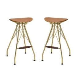 Set Of 2 Bar Stool With Faux Leather Cushion In Gold - Bar Height - 29-32 In. - Set Of 2 - Whiskey And Gold