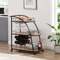 Black Industrial Mobile Bar Cart Serving Wine Cart With Wheels - Black