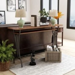 DH BASIC Industrial 60-inch Metal 1-Shelf Counter Height Table By Denhour - Warm Oak -Elegance Barware e1ce75da 99d8 4376 b340 462d115d6e7a