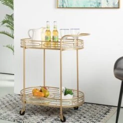 Silver Orchid Marsh Oval Mirrored Glass Top New Bar Cart With Wheels - Black -Elegance Barware eb7f3f3c daa4 417d 8b01 bd4de174b8df
