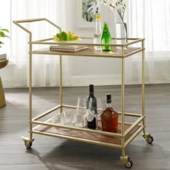 Nicole Miller Felix Bar Cart, 2 Serving Shelves, Casters - N/A - Gold/ White -Elegance Barware f2243ba9 cab9 4a91 9462 0772e22c66c6