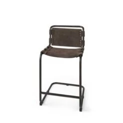 Berbick Black Genuine Leather W/Dark Grey Frame Counter Stool - Single - Dark Brown - Counter Height