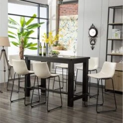 Roundhill Furniture Lotusville 7-PC Antique Black Wood Table With Faux Leather Barstools - Grey -Elegance Barware f2a4f63b ae67 4111 bd12 992aa587a618