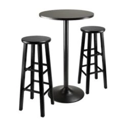 3pc Round Black Pub Table With Two 29" Wood Stool Square Legs