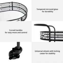 Silver Orchid Marsh Oval Mirrored Glass Top New Bar Cart With Wheels - Black -Elegance Barware f4b4075d 75ae 4b44 9f8b 8a0a856c84dd