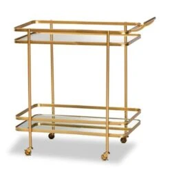 Baxton Studio Destin Glam Brushed Gold Metal And Mirrored Glass 2-Tier Wine Bar Cart - Bronze