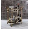 Two Tier Metal Framed Serving Cart With Designer Side Rails And Glass Shelves, Gold And Black - Metal