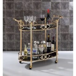 Two Tier Metal Framed Serving Cart With Designer Side Rails And Glass Shelves, Gold And Black - Metal
