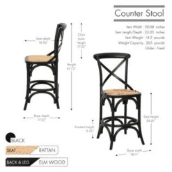 Porthos Home Ziva Counter Stools Set Of 2, Elm Wood With Woven Rattan - Nature -Elegance Barware fe40e0dc 4570 4fe2 8bad 59dd191f8639